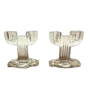 Anchor Hocking Double Candle Stick Holders Pair 2 Queen Mary Clear Glass Vintage